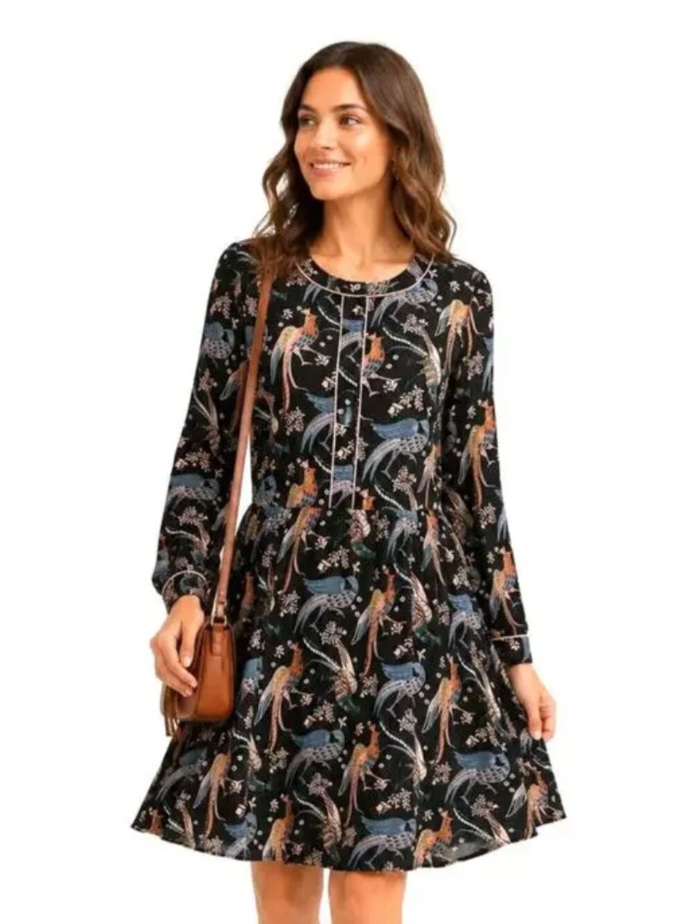 LOFT Black Long-Sleeve Bird Print Dress